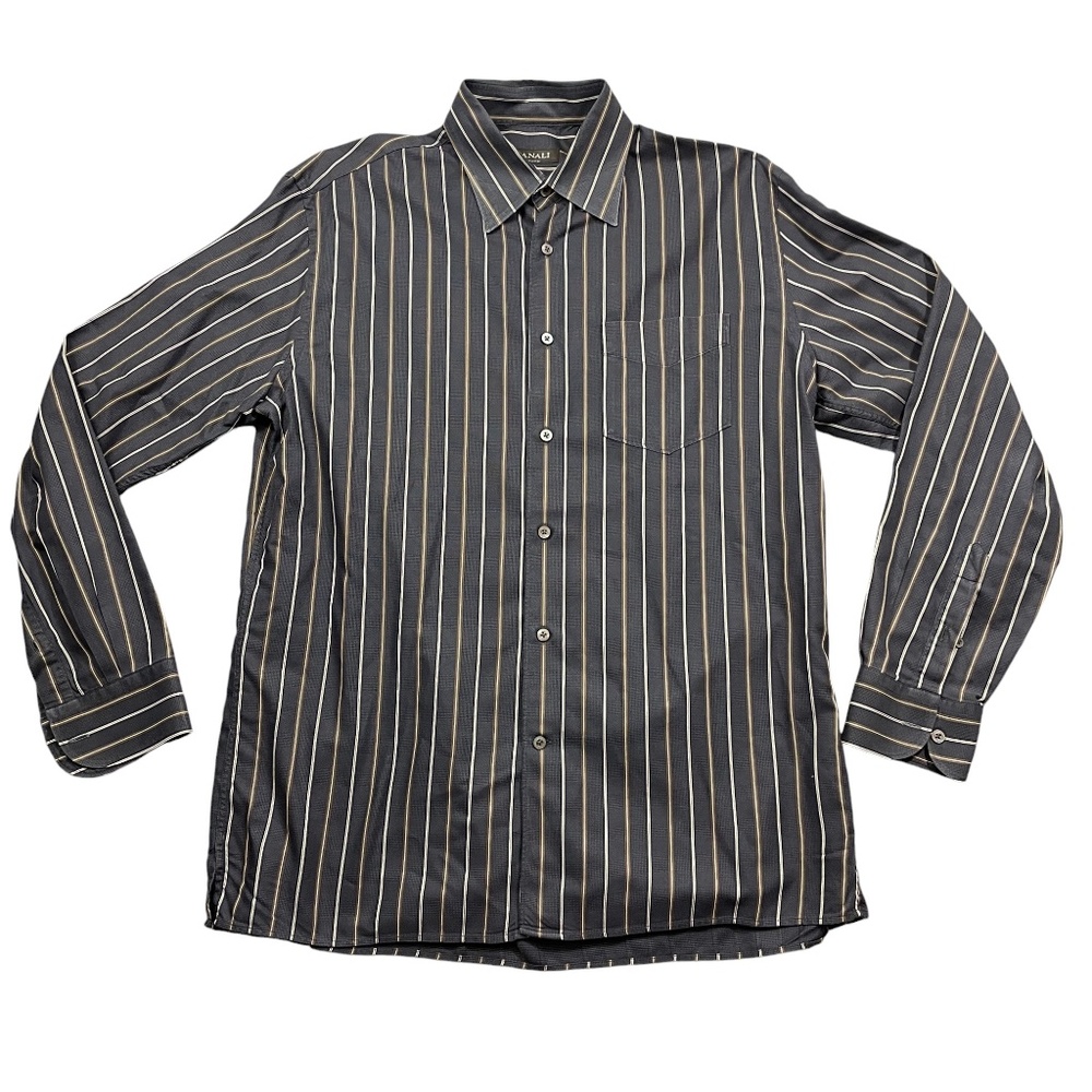 Canali Large Mens Dress Shirt Grey Striped Button Up Long Sleeve 100% Cotton